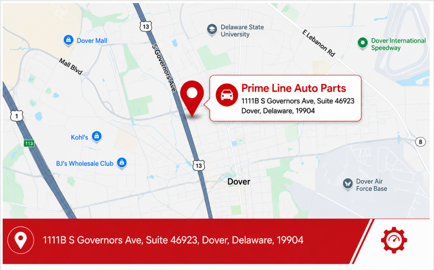 Map of Dover, Delaware with Prime Line Auto Parts location marked